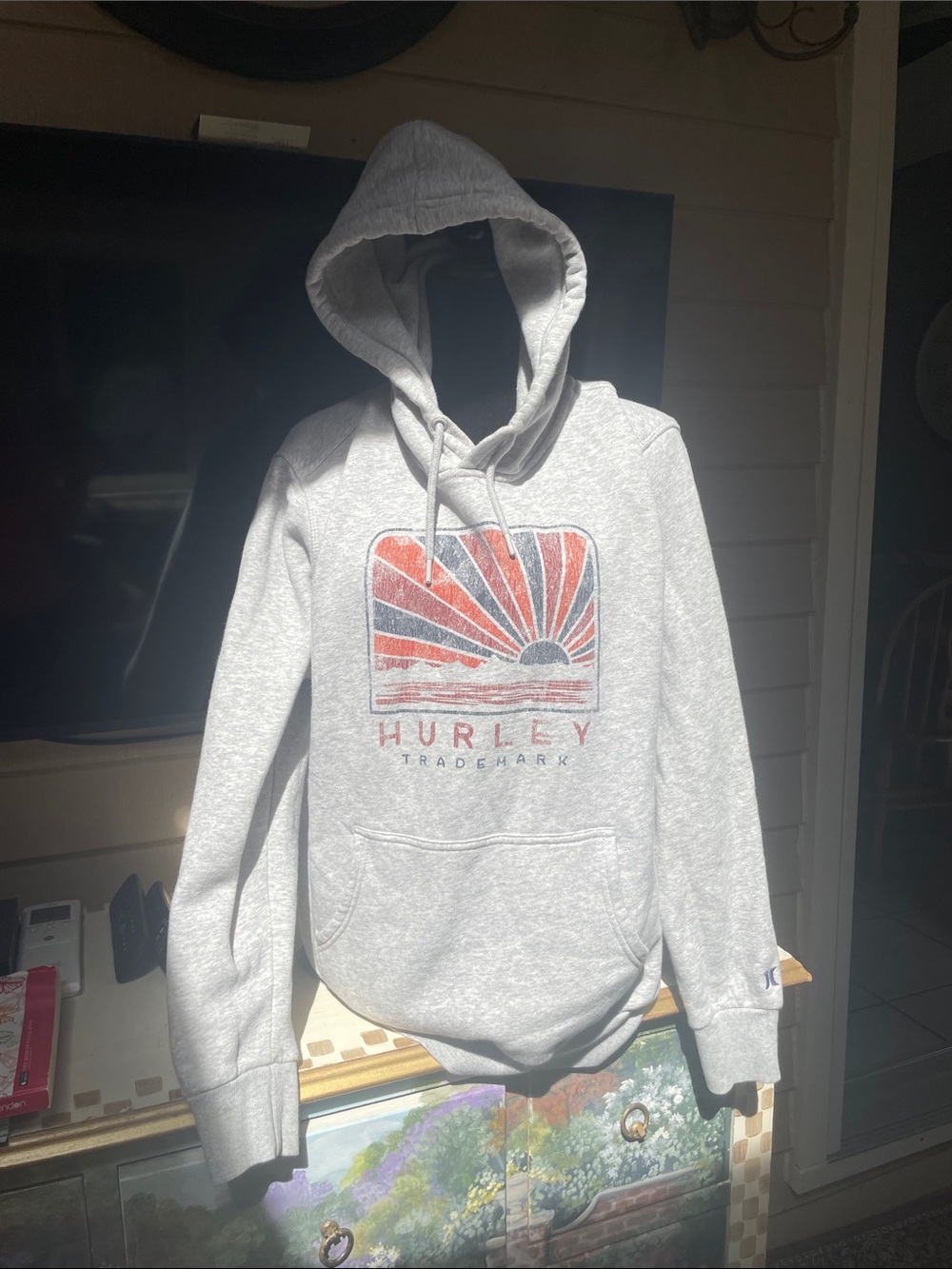 Hurley Light Gray Hoodie Distressed Sun Graphic